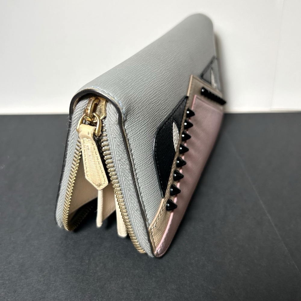 Fendi Monster Eyes Cont. Zip Around Leather Wallet Full Inclusion Pink/Gray/Stud - Picture 4 of 16